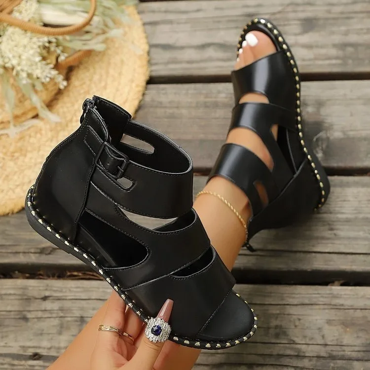 Plus Size Summer Sandals Korean Edition Breathable Cooling Boots Low Heel Fish Mouth Shoes Women's Roman Sandals