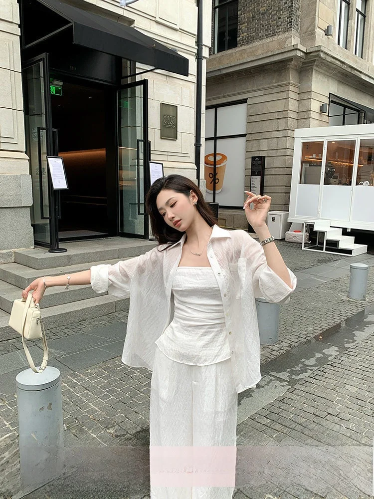 

Женский повседневный комплект: свободный топ-бюстье, универсальные свободные брюки, модный комплект из трех предметов с V-образным вырезом и длинными рукавами на пуговицах