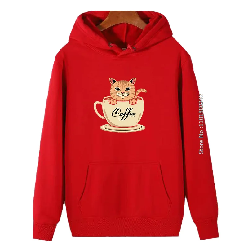 Coffe Cat Cartoon Cute Graphic Hooded Sweatshirts Casual Vintage Men's Winter Clothes Suitable For All Ages Thick Sweater Hoodie