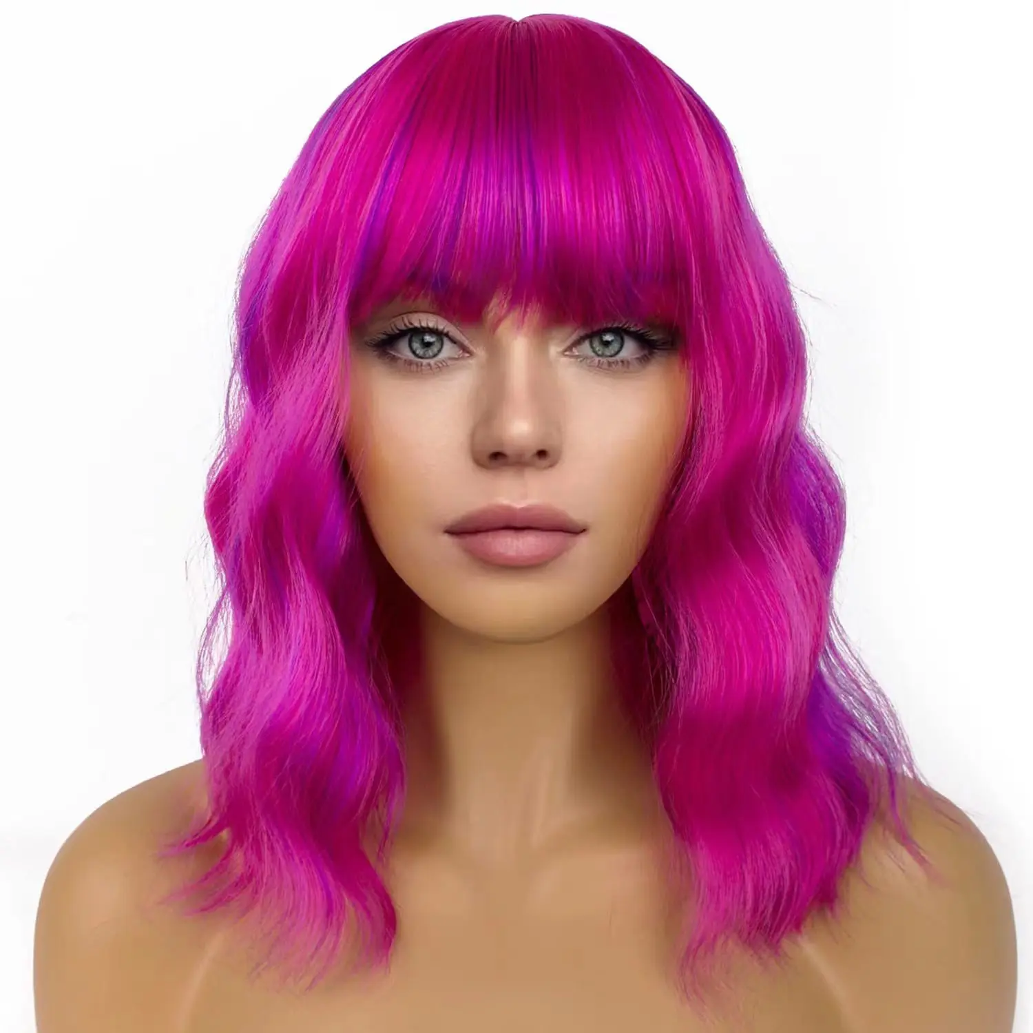 Synthetic wig holiday party straight Bangs cosplay water ripples curly hair rose Red wigs for women