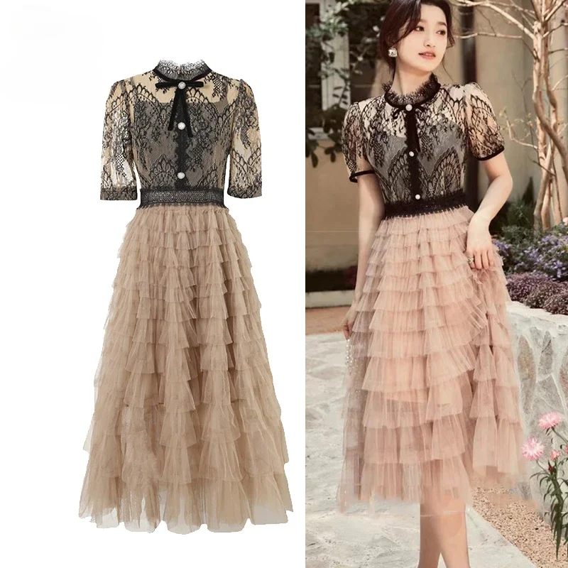 

2024 New Women Vintage Elegant Lace Patchwork Cascading Ruffles Midi Long Dress Summer Sweet Lady Girl Casual Vestidos Elbise