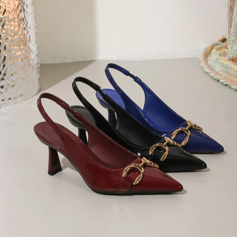 

Metal buckle backless sandals, sexy slip-on pointed black high heels for women, stiletto closed-toe shoes, European size