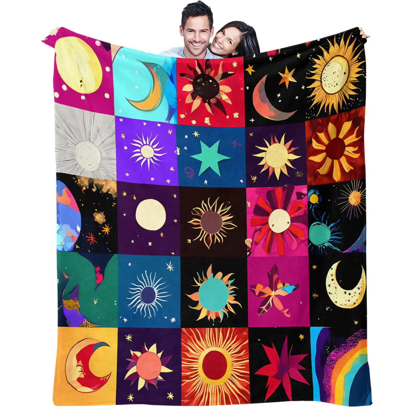 Colorful Celestial Patchwork Flannel Throw Blanket Psychedelic Sun Moon Star Rainbow Grid Light‑Weight Plush Blanket Home Sofa