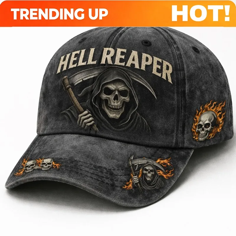 Edgy Hell Reaper Themed Distressed Adjustable Cap Collectible Bold Statement Piece For Daily Wear And Motorcycle