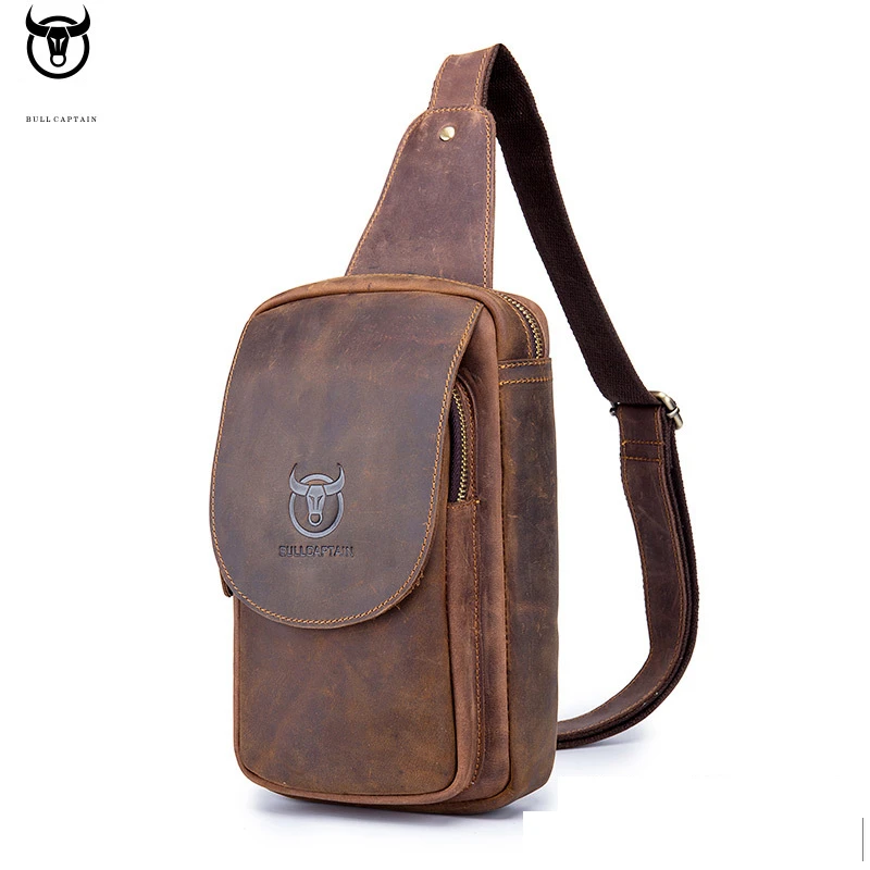 Bullcaptain Crazy Horse Leather Male Chest Pack Vintage Messenger Shoulder Bags For Men Outdoor Sling Crossbody Handbags JYB105