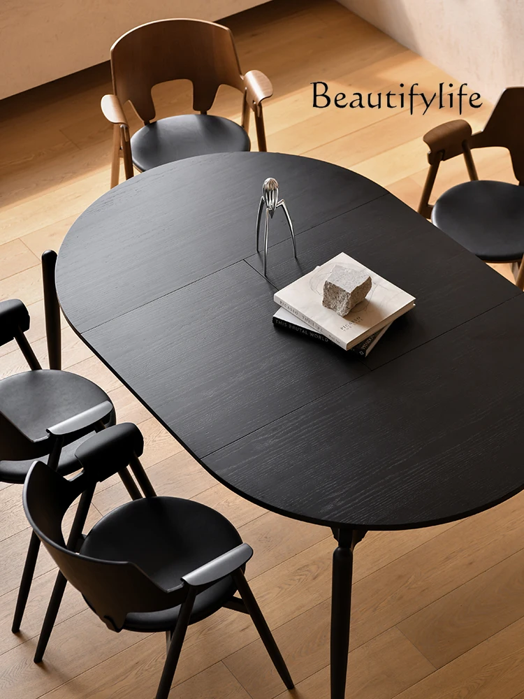 Nordic Modern Simple Home Oak Small Apartment Black Solid Wood Collapsible round Light Luxury Dining Table