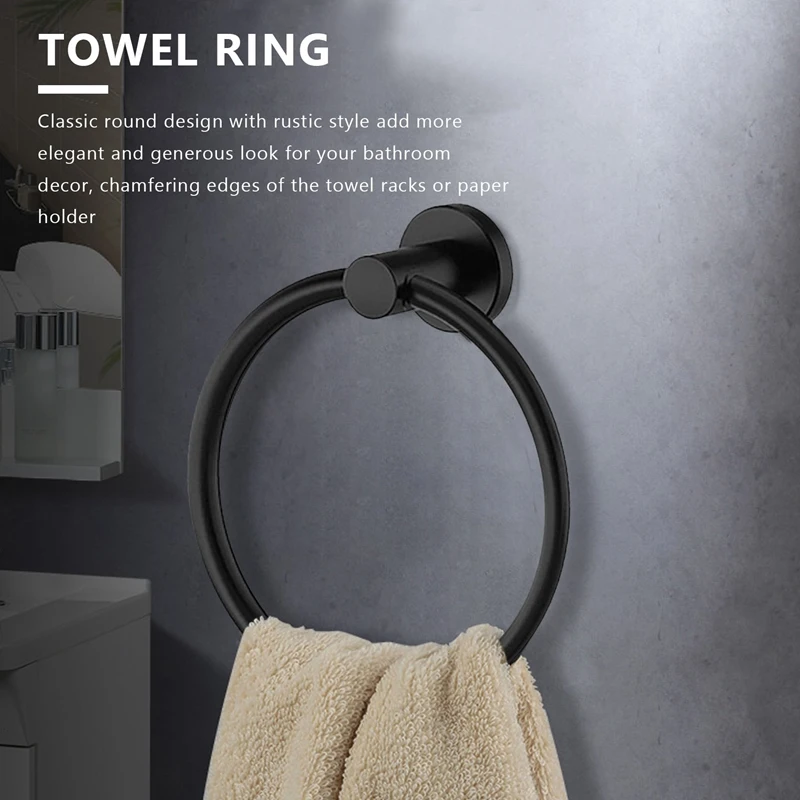 2Pcs Bathroom Hardware Black Towel Ring And Toilet Paper Holder Stainless Steel Bathroom Hand Towel Holder Towel