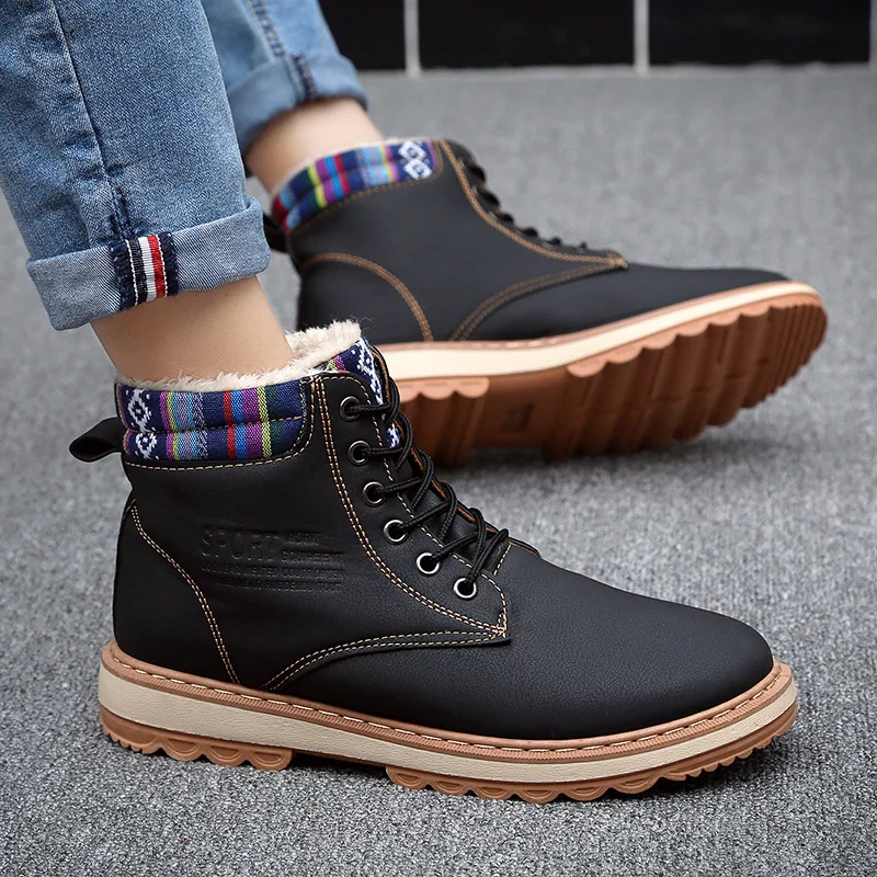 

Winter Shoes Men Ankle Boots Plush Warm Lace Up High Top PU Leather Booties Nice Fashion Platform Winter Martens Snow Boots Men