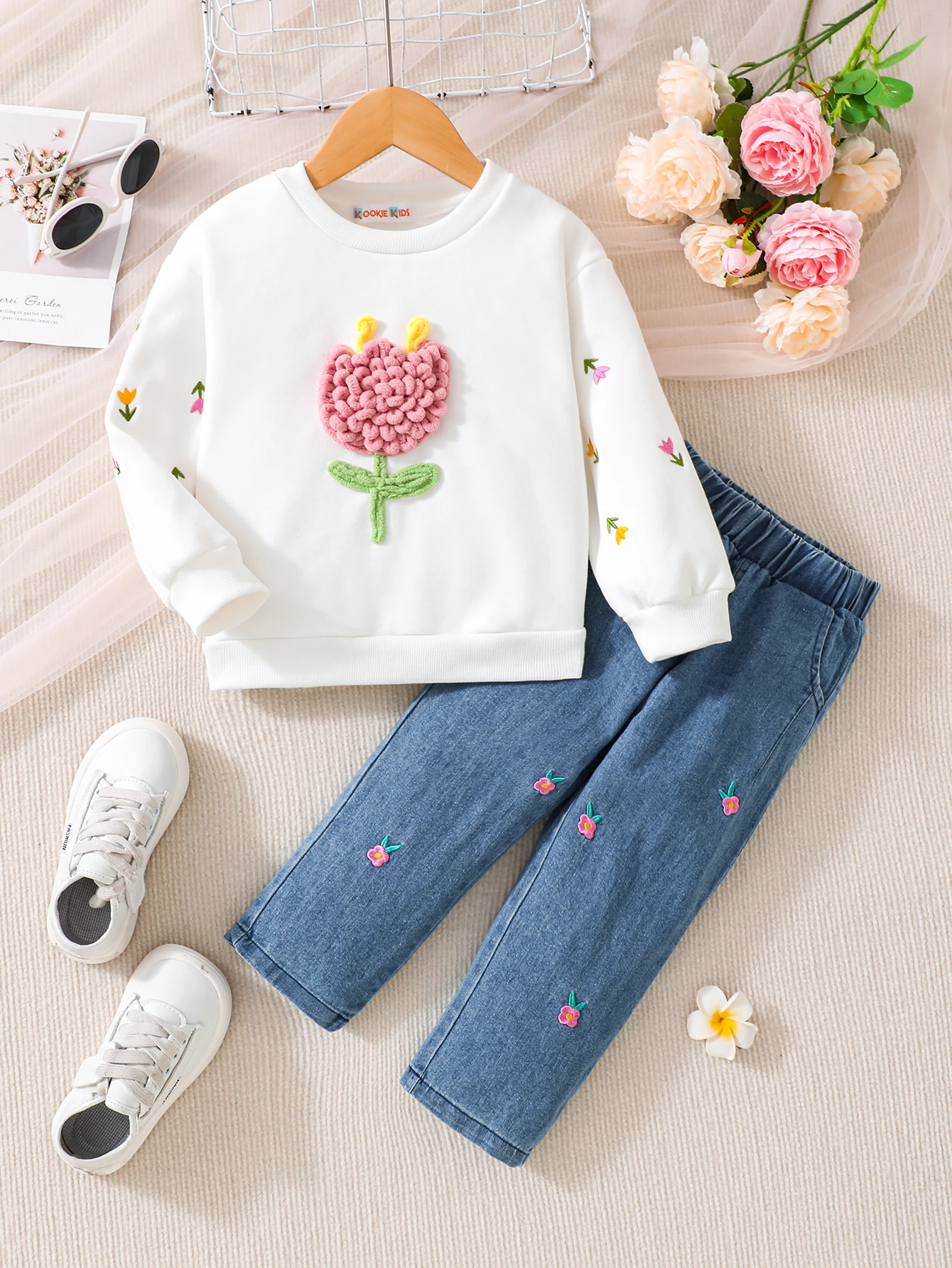 New autumn fashion trend girl baby pattern flower white long-sleeved top + denim pants set