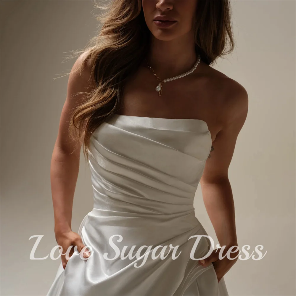 Simple Satin Pleated Wedding Dresses Sleeveless Back Button Bridal Gown A Line Side Slit Long Train Bride Dress vestido de novia