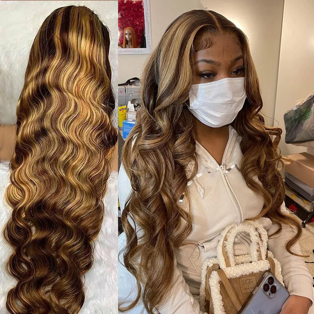 Body Wave Highlight Human Hair Wigs 13x6 13x4 HD Lace Frontal Wig Brazilian Colored Honey Blonde Lace Front Wigs For Black Women