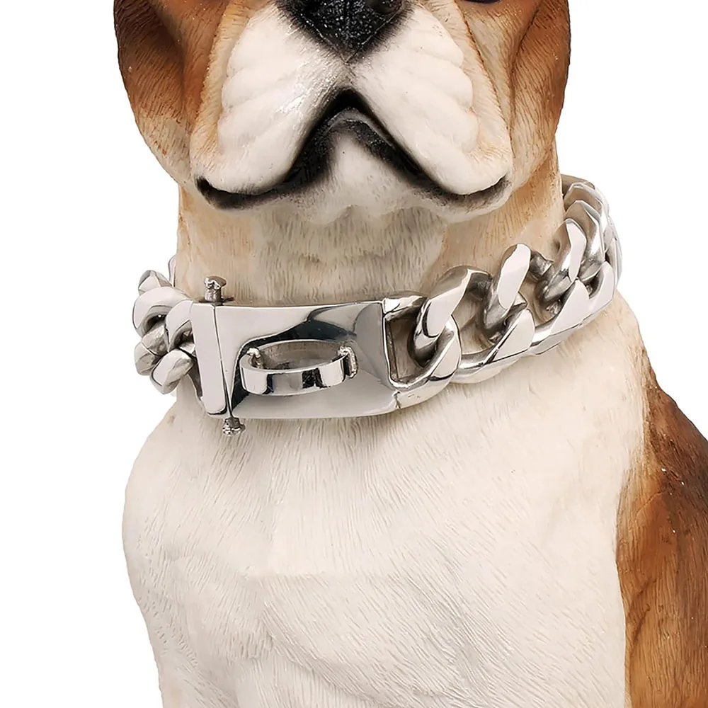 18K Stainless Steel Cuban Link Dog Collar 19mm Gold Sliver Chain Dog Collar with Secure Snap Buckle Metal Large Dog Chain Collar