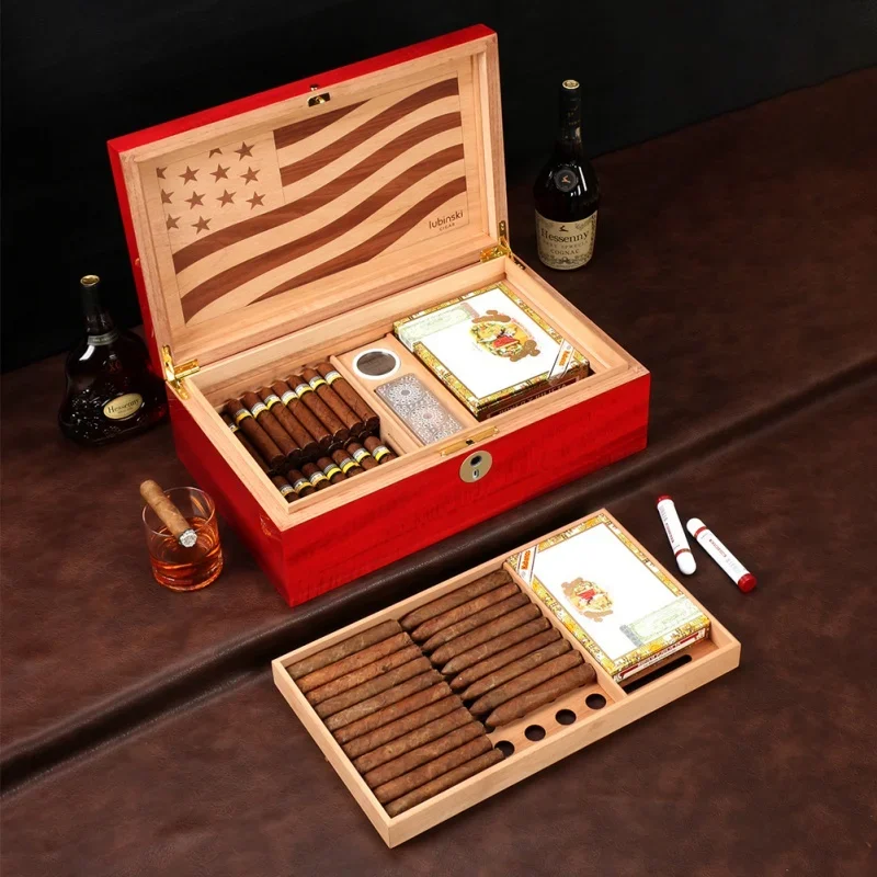 Cedar Wooden Cigarette Box, Double-Layer, Large Capacity, Cigar Humidor, High-End, Fingerprint Unlock, Portable Cigars Box, Case