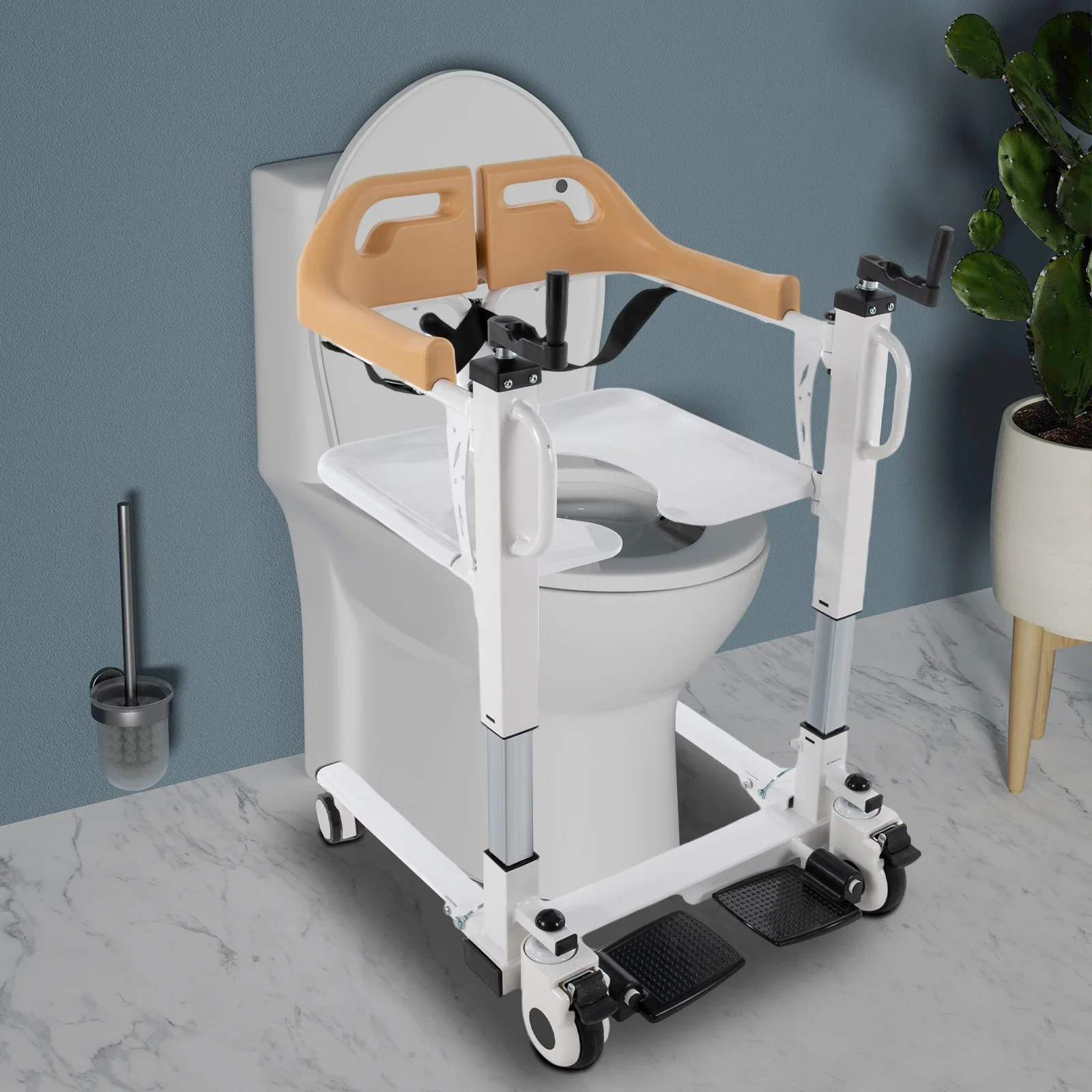 Manual Hand Commode Chair 220.46 lbs Crank Shifting Caregiver Mobility Aid Patient Lift Transfer Machine Seat Elderly Disabled