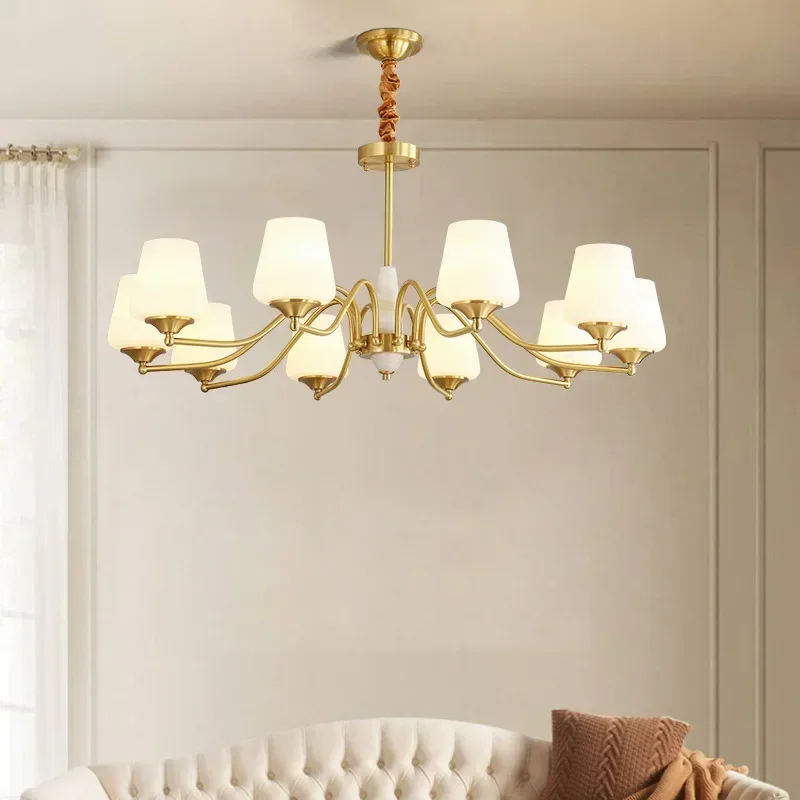 All copper American light luxury living room chandelier modern simple dining  main lamp jade high-grade retro lamps
