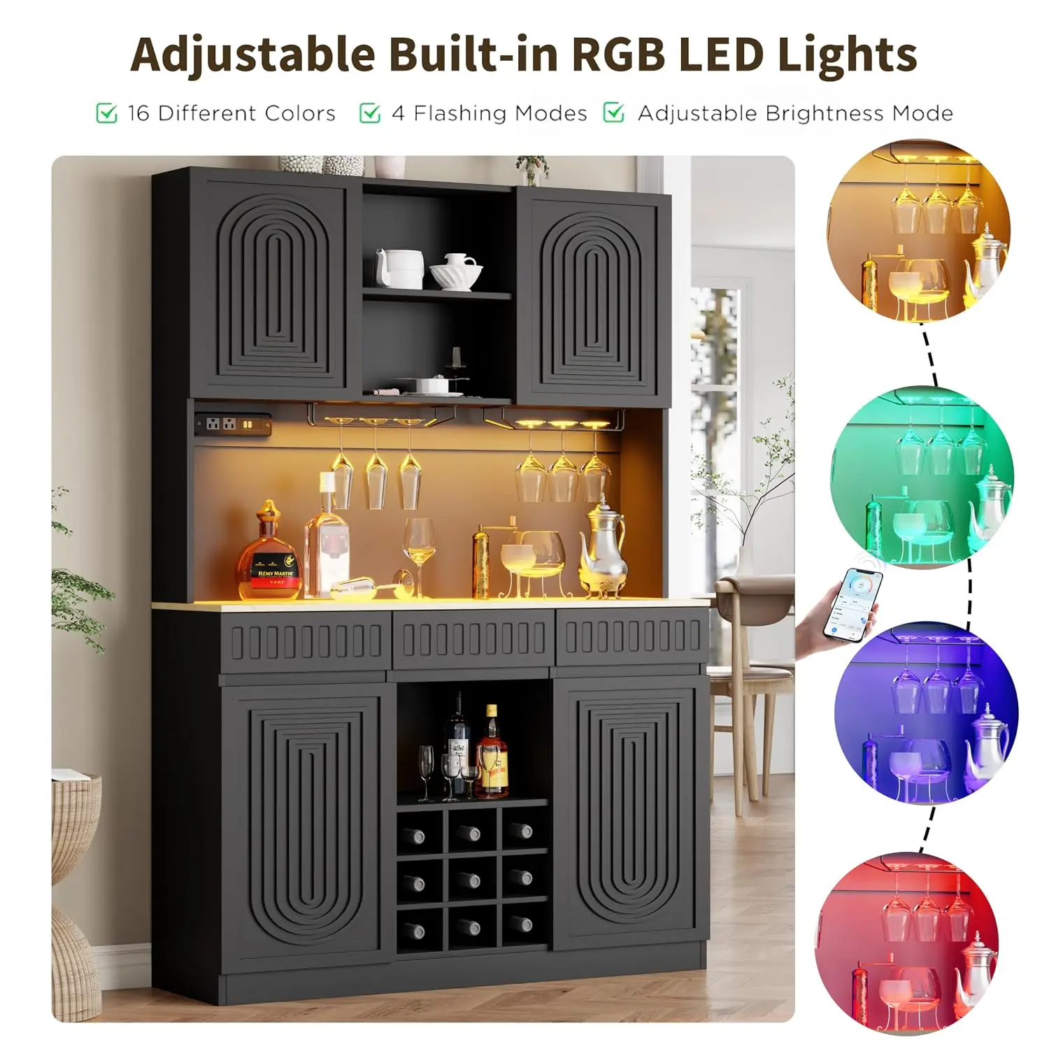 71" Bar Cabinet w/ LED & Power Outlet, Microwave Shelf Pantry Hutch, Customized image 6