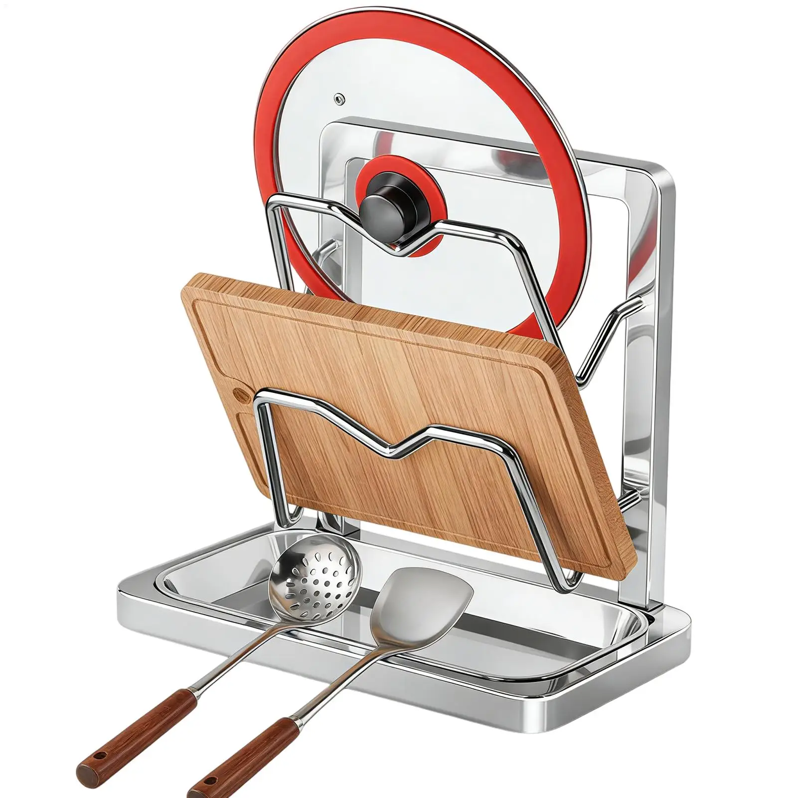 

Органайзер для крышки кастрюли, вертикальная полка для хранения ложки, органайзер из нержавеющей стали со съемным поддоном для капель для кухни, домашней кладовой