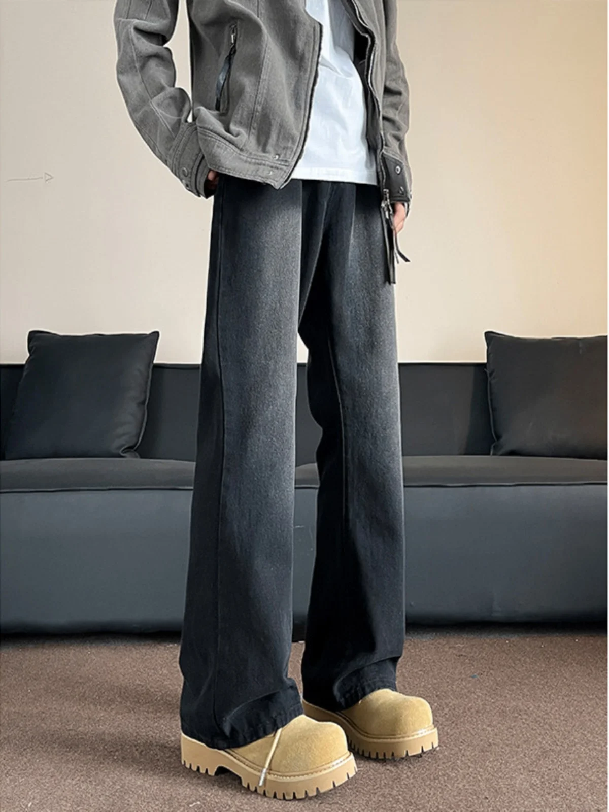 

American Waed Bell Bot Jeans Men's Casual Loose Fit Long Pants Couple's Trendy Youthful Polyester Fiber Straight Leg