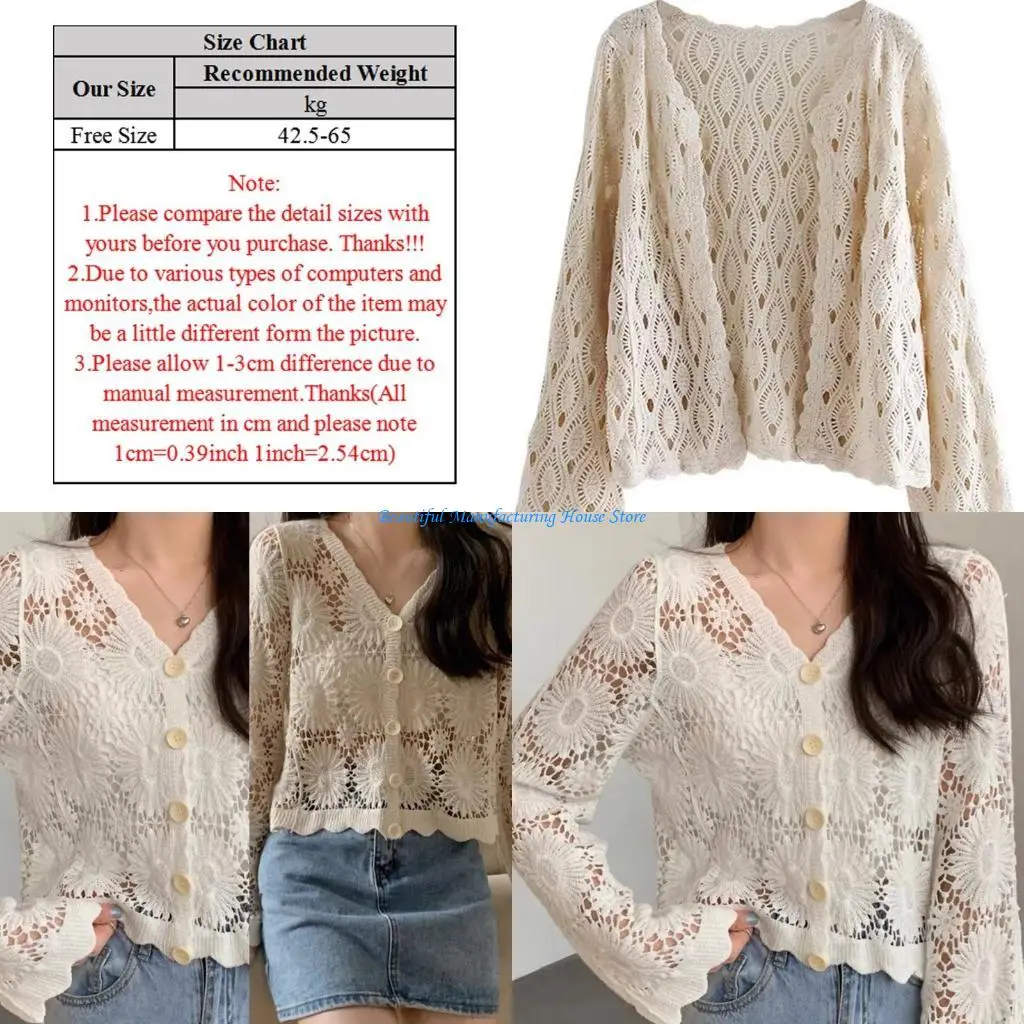 

E56A Women Long Sleeve Crochet Cardigan V-Neck Open Front Button Loose Sweater Coat Hollow Out Knitted Floral Shrug