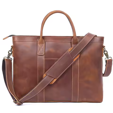 Vintage Genuine Leather Men's Briefcase 16" Laptop Bags Crazy Horse Leather Messenger Handbag Cowhide Handbag Idea Gift For Men