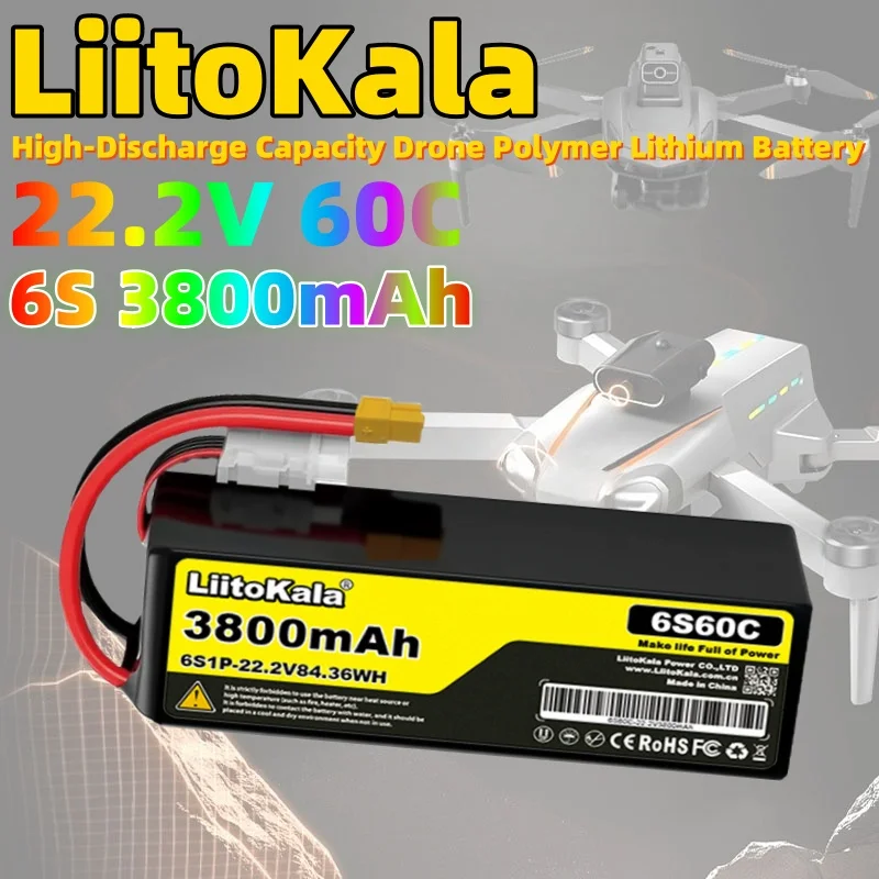 

LiitoKala 22.2V Drone Lithium Polymer Battery 3800mAh 60C Discharge Suitable for Helicopter Model Aircraft High-Rate Discharge B