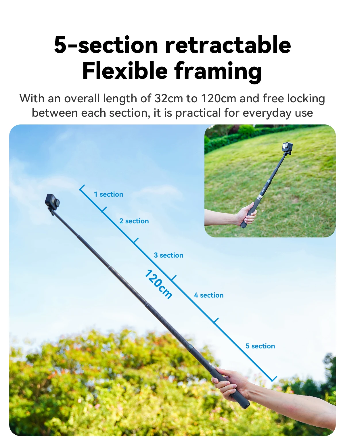 Telesin 3M 1,2M Unsichtbarer Carbonfaser-Selfie-Stick für Hero 13 12 11 10 9 DJI Action5 4 3 Insta360 X5 X4 Motorrad-Zubehör – Detail 27