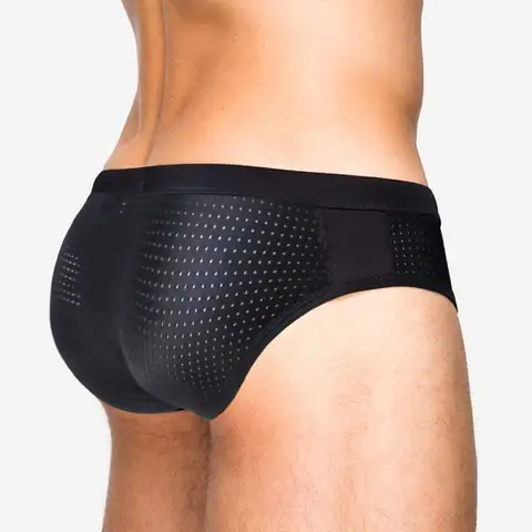 UXH Mens 비키니 수영복, 푸시 업 섹시한 벌지 강화 속이 빈 퓨어 블랙 반투명 수영 팬티 Hi-Q Quick-drying