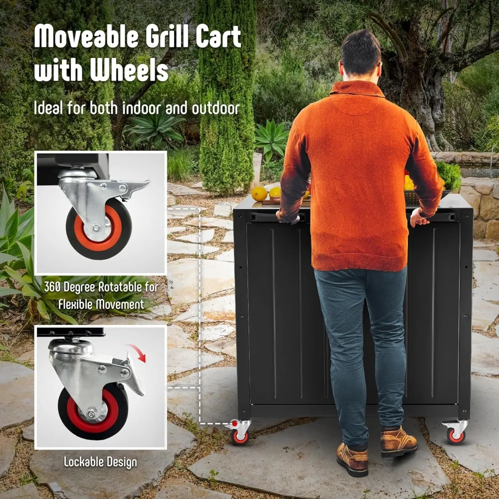 Grill Table, Outdoor Bar Cart Grill Cart with Storage Cabinet,Modular Outdoor Kitchen Island, Outdoor Grill Station