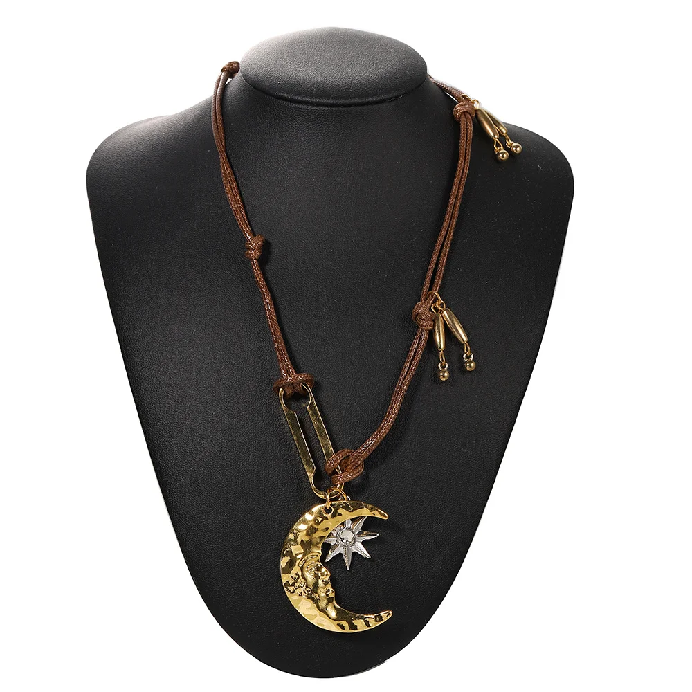 Retro-Boho-Stil, Nischendesign, modische Halbmond-Stern-Wachsseil-Halskette, verstellbare Accessoires für Damen, Schmuckgeschenke – Detail 9