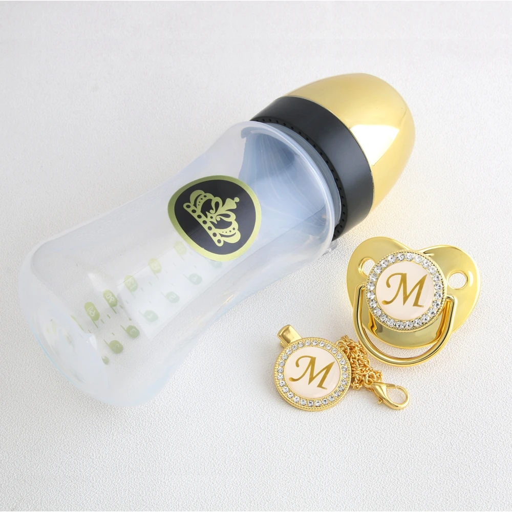 Golden BPA Free 240ML Baby Crown Bottle With 26 Letters Pacifier Chain Gem Clip /Teether Toy Boy And Girls