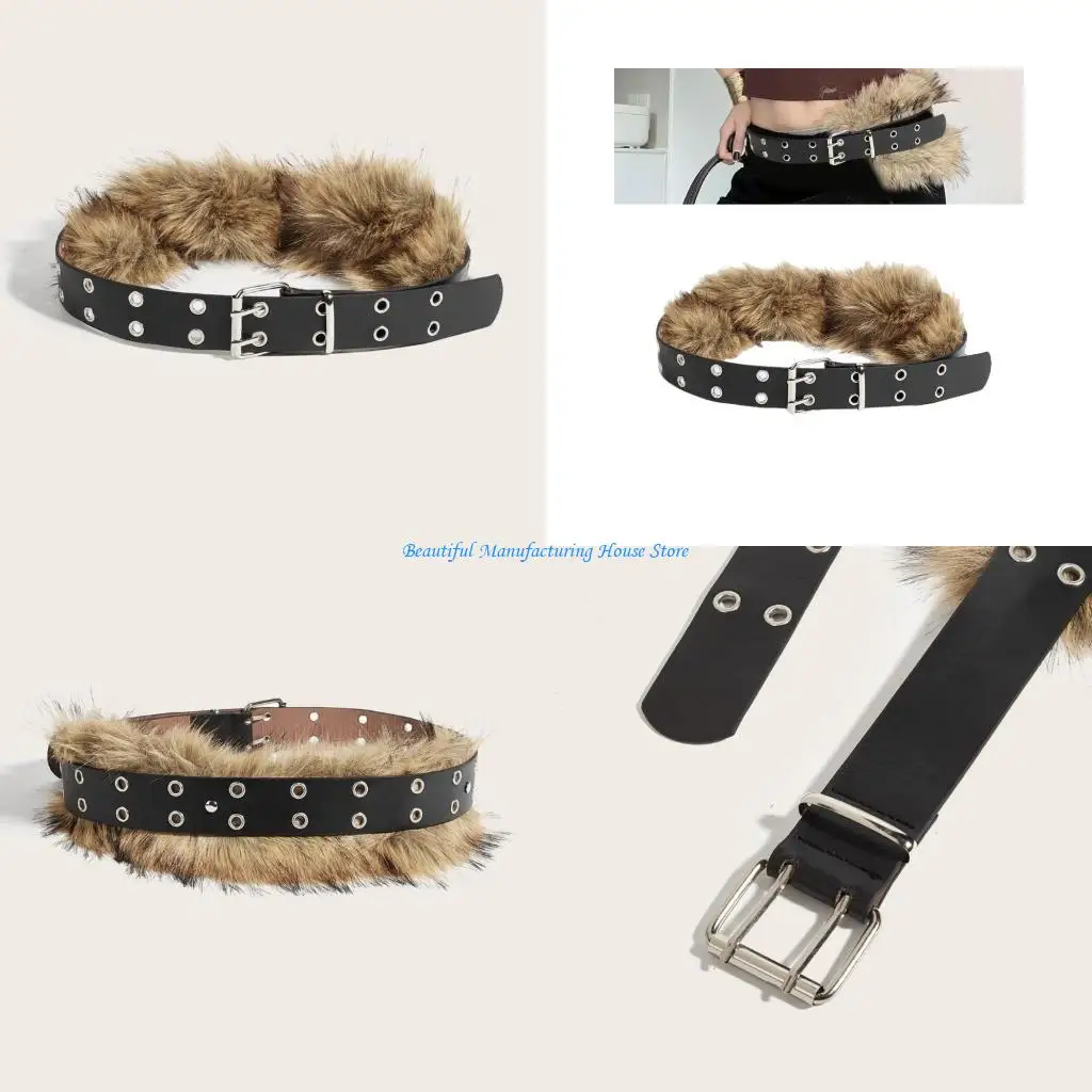 E56A Western Charm Waistband Punk Rivets PU Leather Plush Sash Belt for Women Lady Adjustable Stylish Waist Accessory