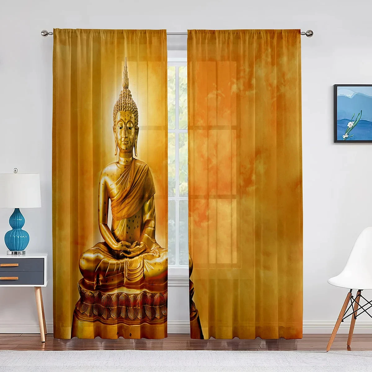 Buddhist Buddha Statue Golden Light Sunset Sheer Curtain for Living Room Kitchen Window Bedroom Decoration Tulle Voile Curtain