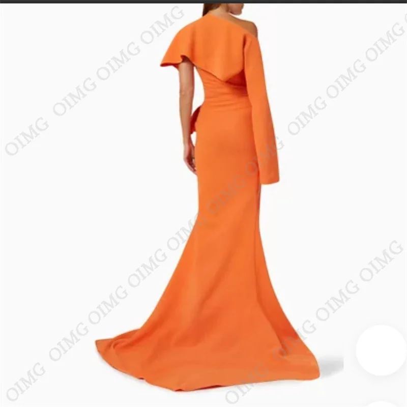 OIMG Orange Evening Dresses Simple Women Ruhced One Shoulder Satin Prom Gowns Summer Beach Long Dress Robe de soiree Plus Size