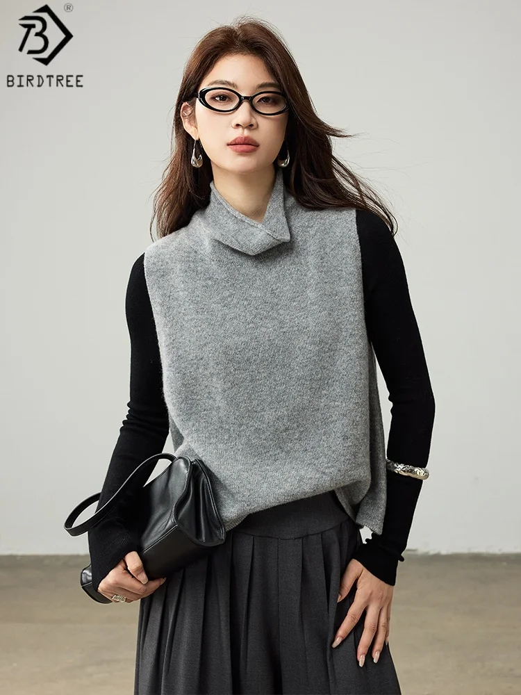 

Birdtree 100% овечья шерсть вязаный жилет с разрезом сзади, женский однотонный осенний трикотаж без рукавов с ворсовым вырезом T59645JF