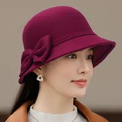 Warm Wool Felt Hats For Women Autumn Winter Elegant Vintage Bow Bucket Cap Church Dome Bowler Cloche Hats Fedoras Beanie Ladies