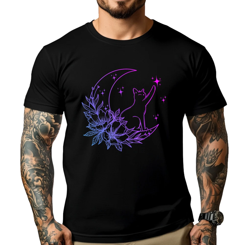 

Cat Sitting On Crescent Moon Flowers Stars Vintage T Shirt Men Luxury T-Shirt Harajuku Grpahic Tee Female White T Shirt