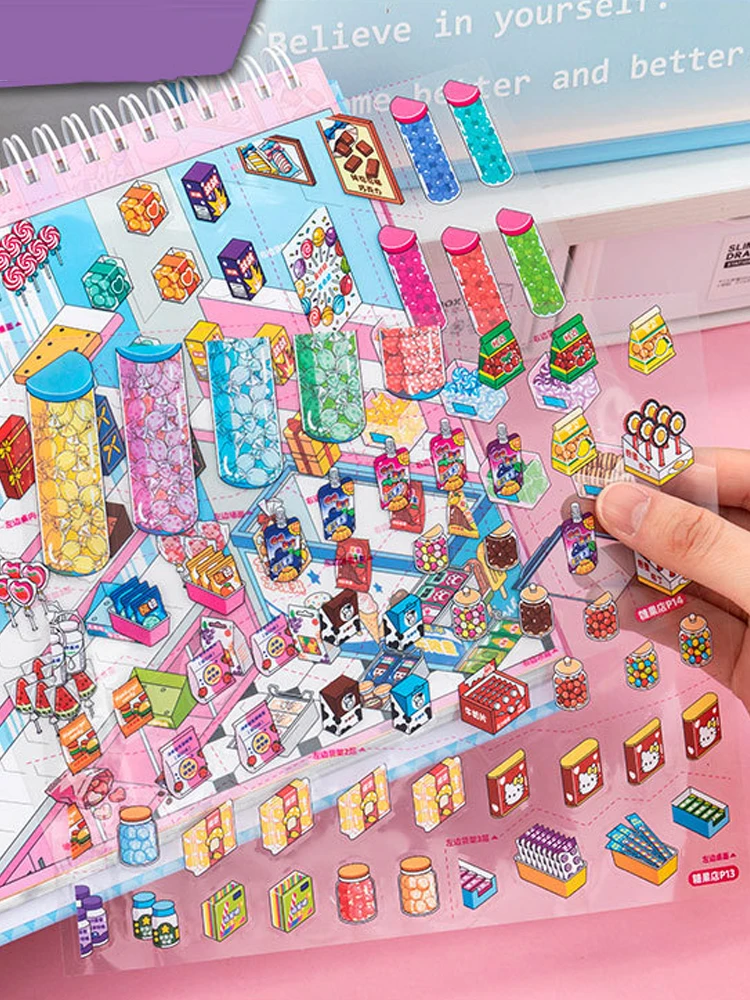 Kawaii Store Stapel-Szenen-Aufkleberbuch 3D Miniatur-Landschaft für Scrapbook, Tagebuch, DIY-Bastelarbeiten, Geschenk für Studenten, Schreibwaren-Aufkleber