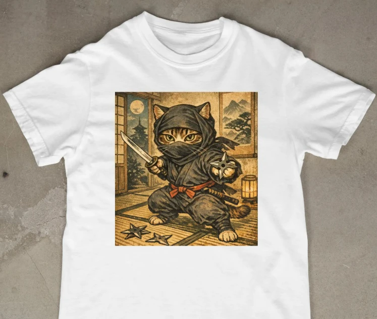 Cool Ninja Cat Graphic Short Sleeves T-Shirt Cute Aesthetic Cat Lover Samurai Warrior Funny Trendy Casual Gift Tee Top Versatile