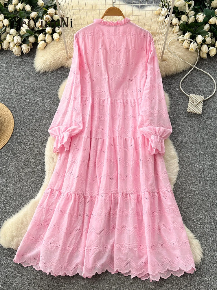 Beiyingni 2026 nouvelle mode dentelle épissé longue robe ample femmes Vintage à la mode décontracté simple boutonnage chemises Robes dames Robes