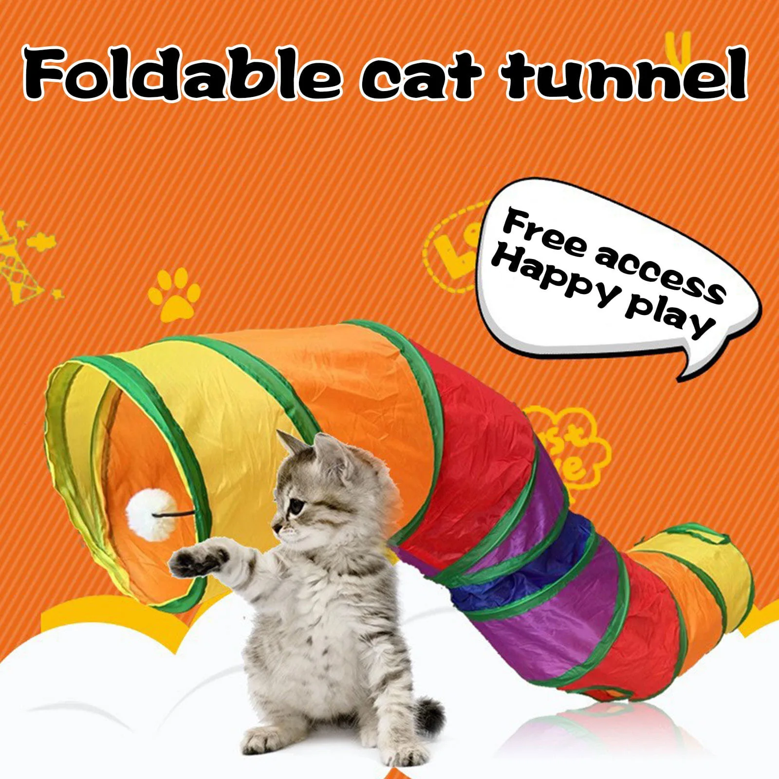 

Indoor Cat Tunnel Hide and Seek Entertainment Lightweight Portable Foldable Rainbow Colored Pet Play Tunnel Interactive Toy
