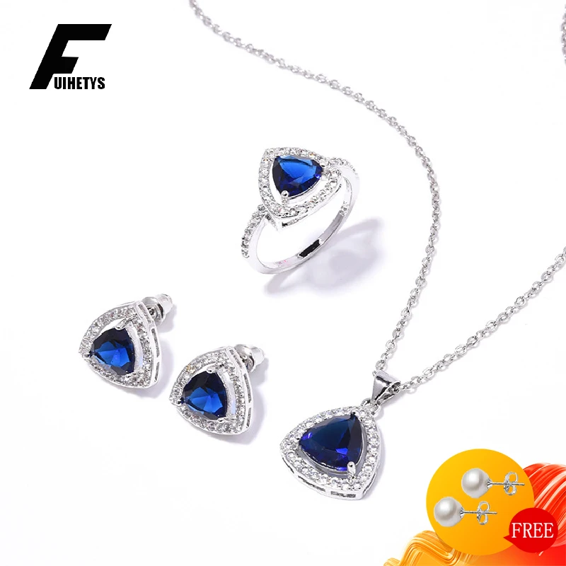 

FUIHETYS New 925 Silver Jewelry Set with Zircon Ring Stud Earrings Necklace Accessories for Women Wedding Party Gift Wholesale