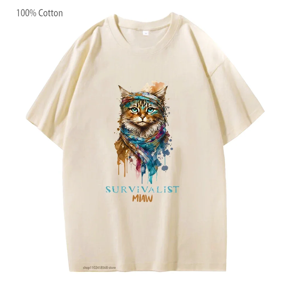

Cat Miaw Clothes Kawaii Survivalist T-Shirt Harajuku Men T Shirts Summer Short Sleeve Clothes Women 100%Cotton Tee-shirt Y2k Top