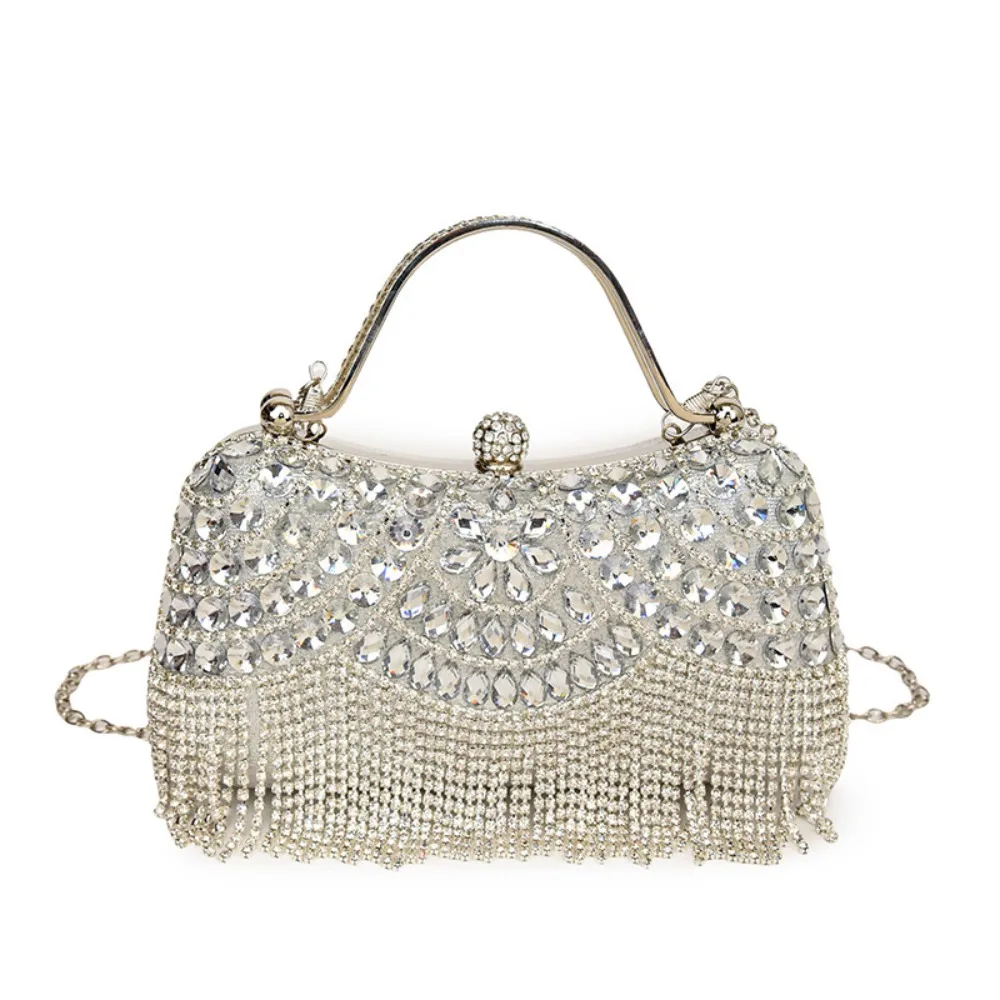 

Retro Metal Top Handle Tassel Evening Banquet Bag Glitter Wrist Bag Box Handbag Rhinestone Shoulder Bag Ladies Clutch Bag Women