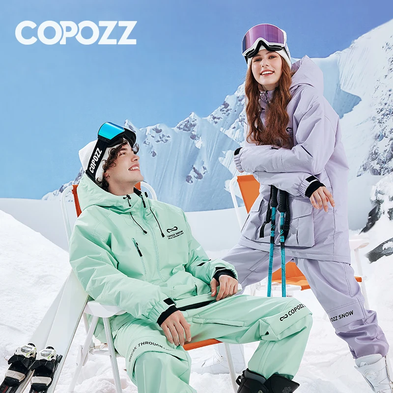 COPOZZ Waterproof Thicken Ski Suit Women Hooded Windproof Ski Jacket Men Winter Sports Warm Ski Pants Outdoor Snowboard Ski Coat