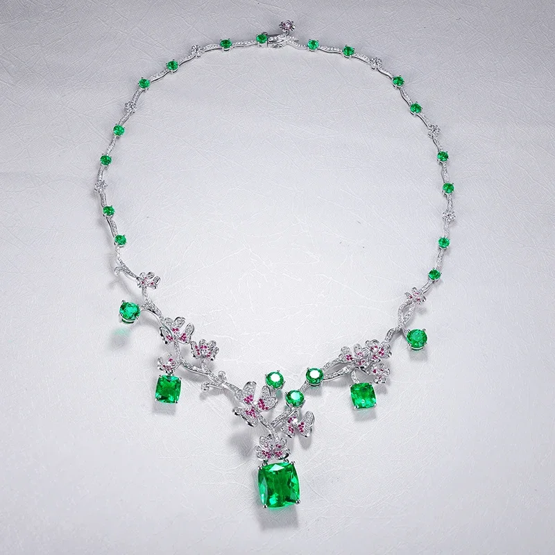 Pirmiana New Custom Design Luxury Style  9k Gold White 22.4ct Lab Growth Created Emerald  Necklace women Jewelry