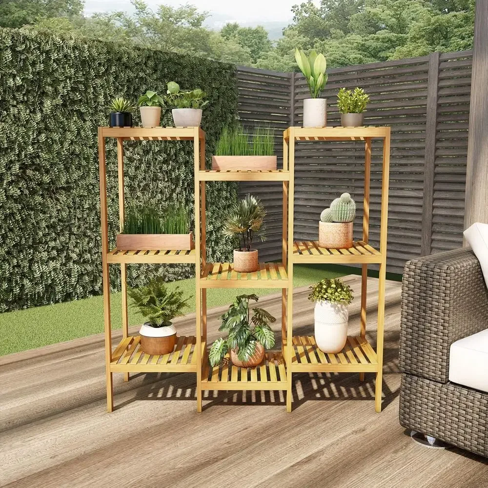 9-Tier Bamboo Plant Stand - Multi-Level Shelving Unit for Indoor/Outdoor Use, Ideal for Pots, Shoes, and Display