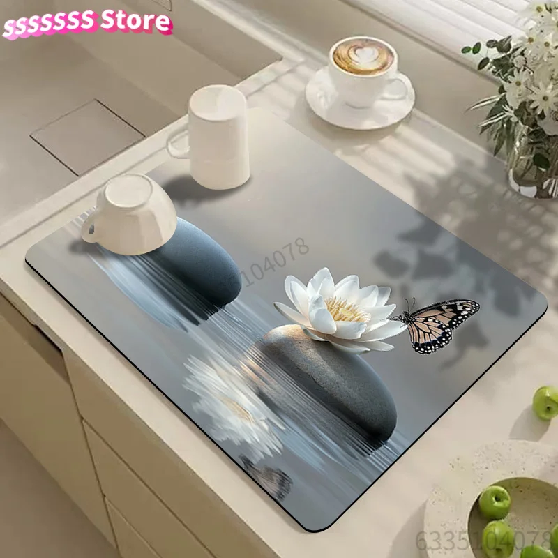 Drying Mat for Tableware, Lotus Stone Butterfly Pattern Drainage Mat, Coffee Machine Mat, Kitchen Dining Table Additions, Styli
