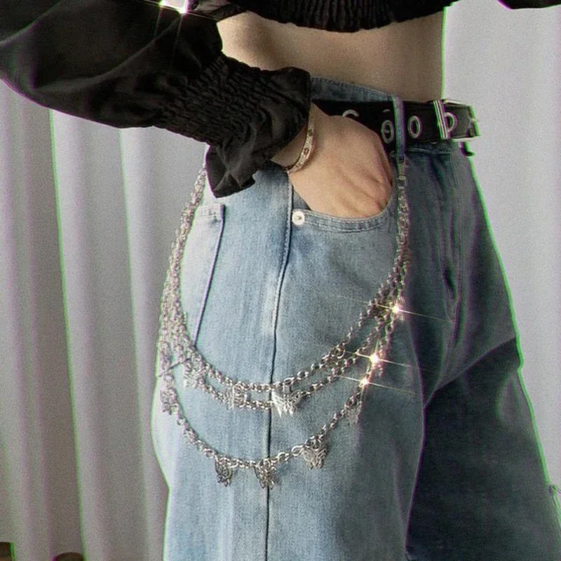 Butterfly Pendant Chain on The Jeans Pants Women Punk Keychains for Girl Boy Multi Layer HipHop Hook Harajuku Grunge Accessories