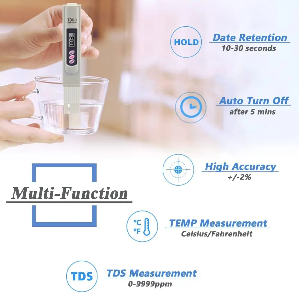 Handheld TDS Digital Water Tester Water Test Pen Water Quality Analysis Meter Water Purity Check 0-9999 PPM for Aquarium