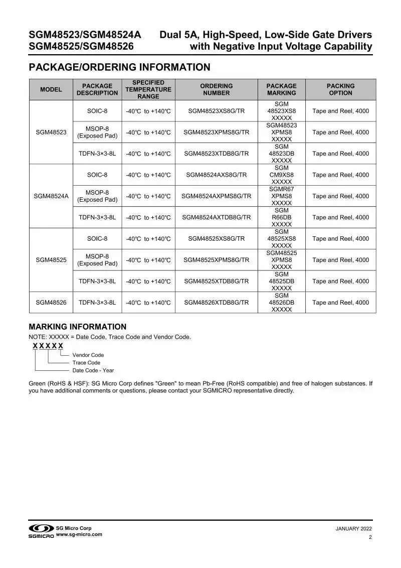 10Pcs/Lot SGM48523XTDB8G/TR TDFN-8,Dual 5A,High-Speed,Low-Side Gate Drivers with Negative Input Voltage Capability,electronics